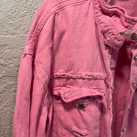 Women's Pink Distressed Denim Jacket - Picture 2 of 6